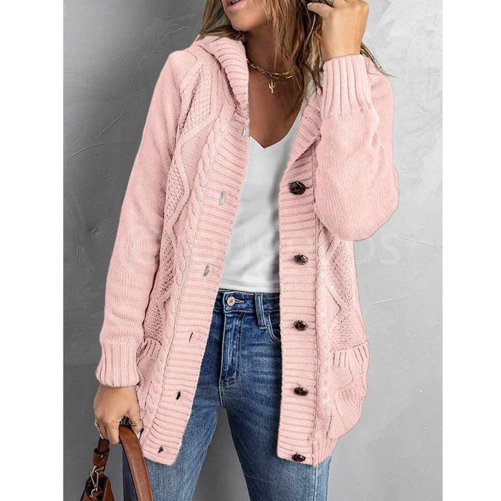 Pink Sherpa Knit Hooded Cardigan Front Pockets Long Sleeves Hip Length - Picture 6 of 17